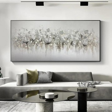 monochrome black white Painting - White Grey Poppy Bouquet by Palette Knife wall decor